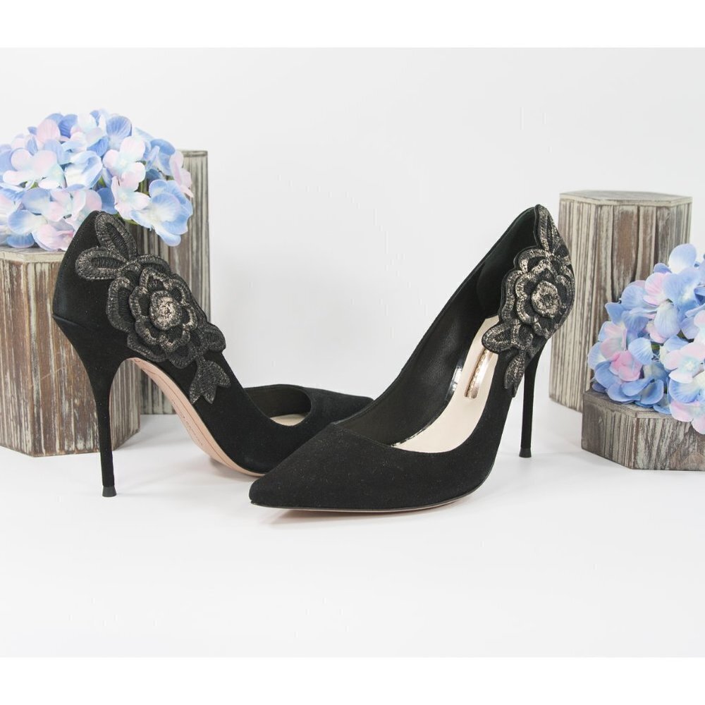 Sophia Webster Black Floral Applique Suede Heels - Picture 4 of 8
